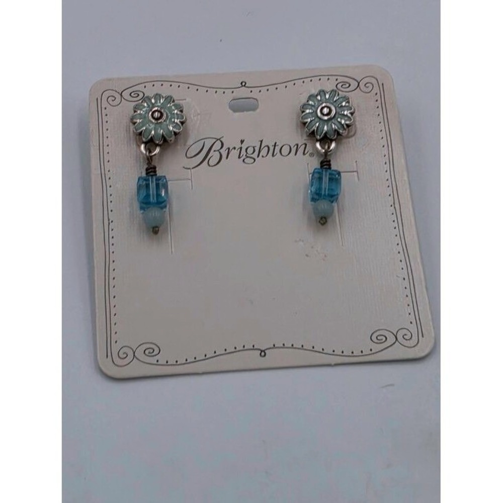 Brighton Enamel Daisy Flower Blue Square Bead Silver Tone Drop Earrings